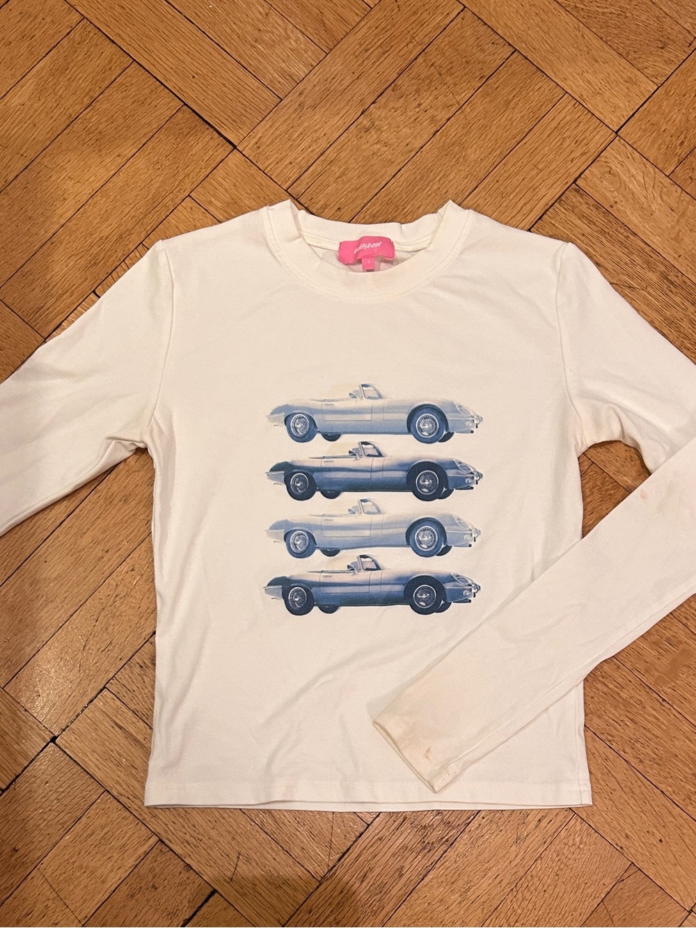 White Long-Sleeve Tee with Blue Car Graphic